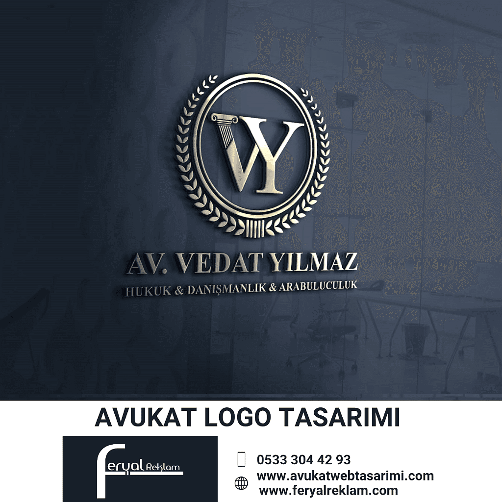Avukat Vedat Yılmaz Hukuk ve Danışmanlık mühür tarzı dairesel altın logo tasarımı